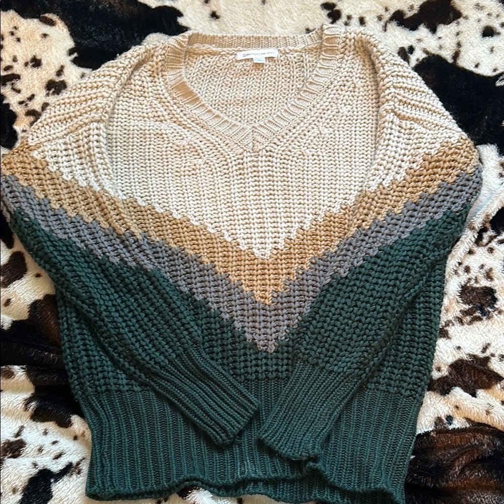 Warehouse V-Neck Sweater in Green and Brown with Ribbed Details